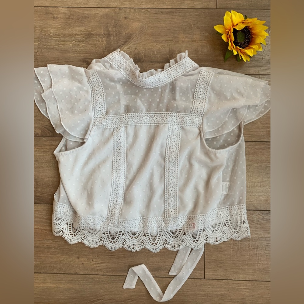 Mi Ami - Women’s White Colonial Blouse, High neck, Polka Dots/Embroidered Lace